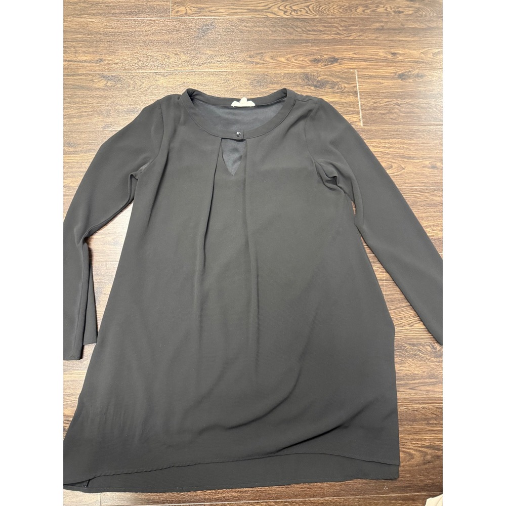Illa Illa Black Front Keyhole Pleated Long Sleeve Shift Mini Dress - Size Medium